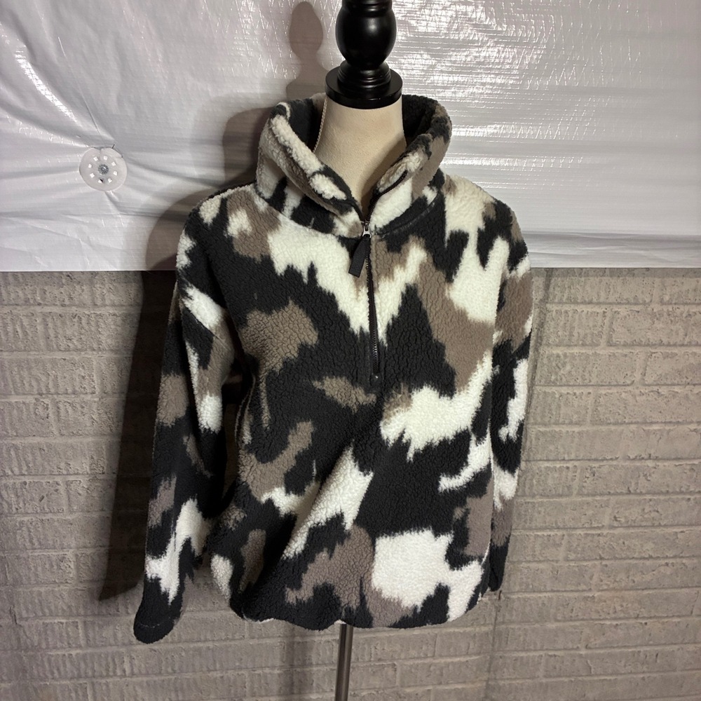 Eddie Bauer Womens Sherpa Fleece Quarter Zip Pullover Camo Black Grey White M